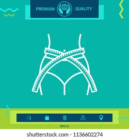 Women waist with measuring tape, weight loss, diet, waistline - line icon