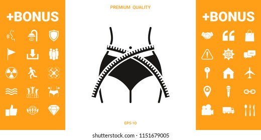 Women waist with measuring tape, weight loss, diet, waistline - icon