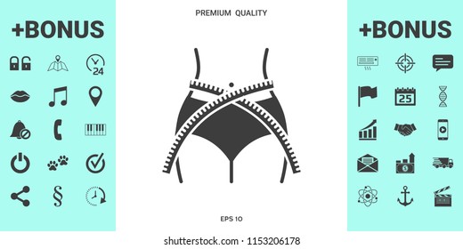Women waist with measuring tape, weight loss, diet, waistline - icon
