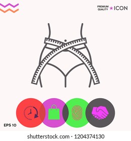 Women waist with measuring tape, weight loss, diet, waistline - line icon
