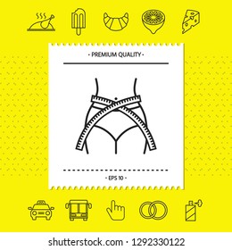 Women waist with measuring tape, weight loss, diet, waistline - line icon. Graphic elements for your design