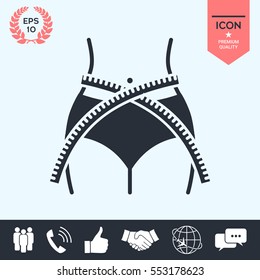 Women waist with measuring tape, weight loss, diet, waistline - icon