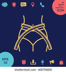 Women waist with measuring tape, weight loss, diet, waistline - line icon