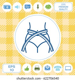 Women waist with measuring tape, weight loss, diet, waistline - line icon