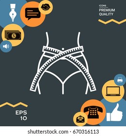 Women waist with measuring tape, weight loss, diet, waistline - line icon
