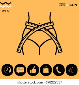 Women waist with measuring tape, weight loss, diet, waistline - line icon