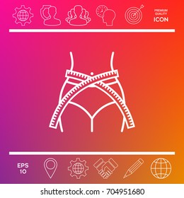 Women waist with measuring tape, weight loss, diet, waistline - line icon