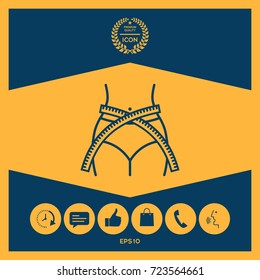 Women waist with measuring tape, weight loss, diet, waistline - line icon