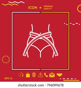 Women waist with measuring tape, weight loss, diet, waistline - line icon