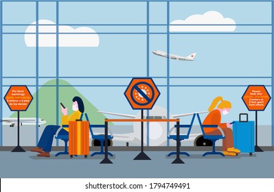 Women waiting to board the plane wearing face mask maintaining social distance, some benches closed