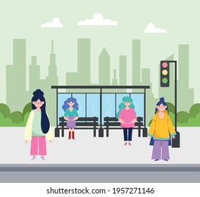 women waiting street urban scene