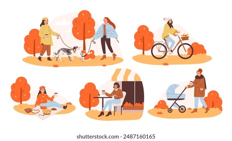 Women walk in the autumn park, savoring leisure moments. Autumn park scenes show women walking dogs and biking, sitting in a cafe and walking with a stroller. Flat vector illustration 