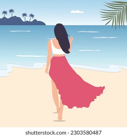 Women walking at beach. Vacation on beach. Enjoying Holiday. vector illustration