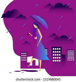 A women walking in the city while raining, vector, illustration.