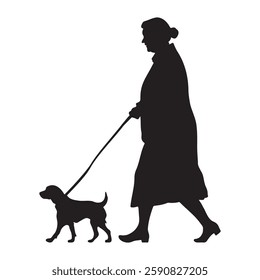 A women walking with a dog silhouette vector illustration