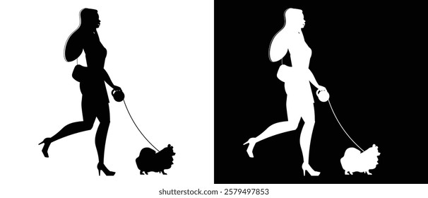 women walking with dog vector silhouette illustration black and white background.