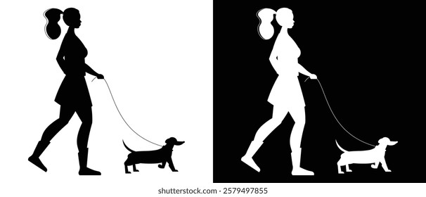 women walking with dog vector silhouette illustration black and white background.