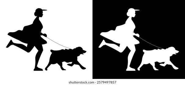 women walking with dog vector silhouette illustration black and white background.