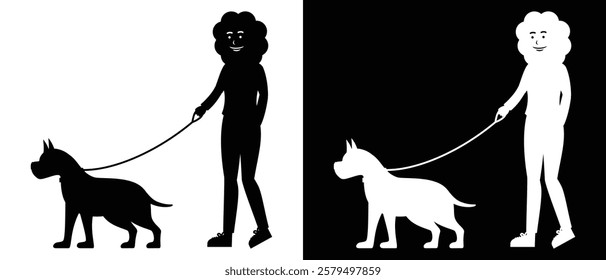 women walking with dog vector silhouette illustration black and white background.