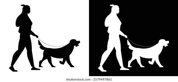 women walking with dog vector silhouette illustration black and white background.