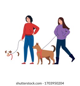 women walking with dogs isolated icon vector illustration design