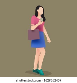 women walking hold the phone illustration, flat design and gradient mesh.