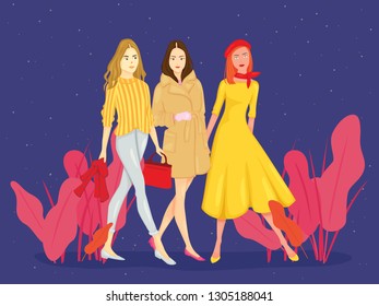 women are walking illustration character lady girl with brown outfit winter and they like a model. Their outfit can be using for Work or Meeting or Special Event Entertainment Couple