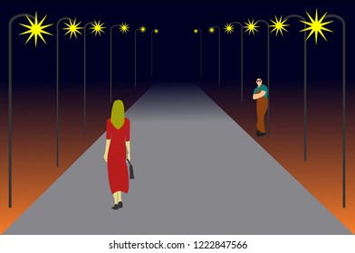 Women are walking on a lonely road. There are men looking at her ,black background