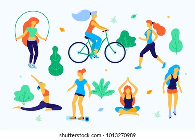 Women walking in the park vector flat illustration. Girls doing sports in the park, running, skating, doing yoga, jumping.