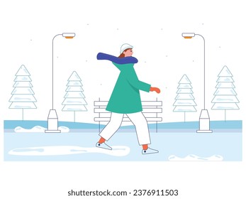 Women walking in the park in winter wearing thick coats, scarves, hats and gloves, enjoying a snowy day. Character design. Vector flat illustration