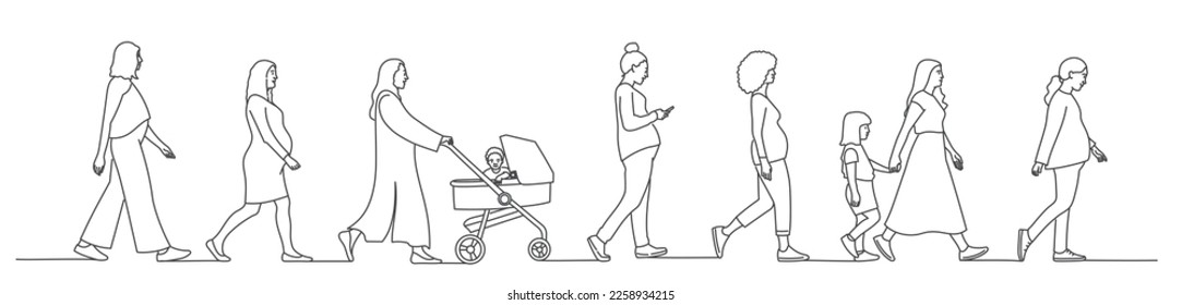 Women walking. People keep their distance. Hand drawn vector illustration.