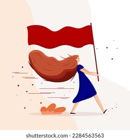 Women walking with red flag vector. Victory Day and professional workers, international labor day. Flag in the hands of girl. Design for banner, poster, cover, social media post, flyers, greeting card
