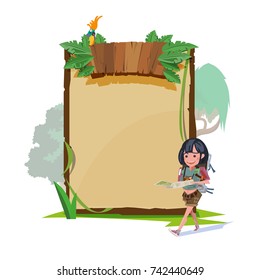 women walking and see her map with jungle board style in background. adventure sign  - vector illustration