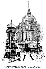 Women walking and shopping at the "grand boulevard" in Paris- vector illustration