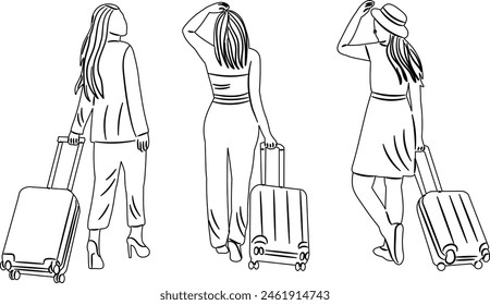 women walking with suitcase sketch on white background vector