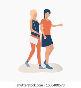 Women walking together. Friends, communication, dancing. Women friendship concept. Vector illustration for website, landing page, online store