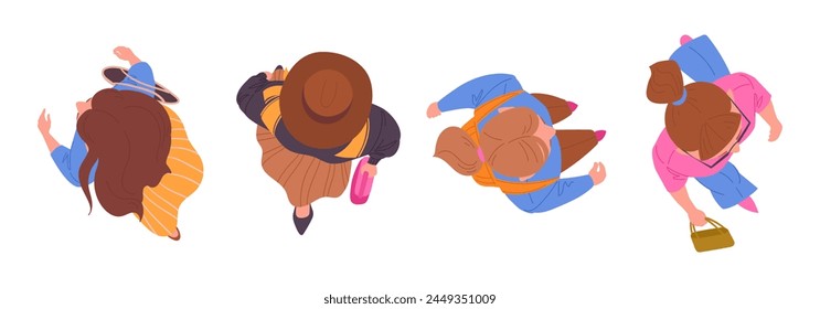 Mujeres caminando vista superior. Moviendo la vista de grupo de personas diversas desde arriba, las niñas paseando conjunto de Ilustración vectorial plana. Vista superior femenina de dibujos animados