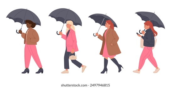 Women walking under umbrella. Female characters under rain with umbrellas, ladies walking under umbrella flat vector illustration set. Rainy season walking