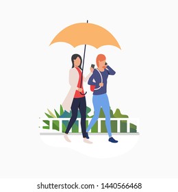 Women walking under umbrella and using smartphones. Fun, lifestyle, weekend concept. Vector illustration can be used for topics like friendship, technology, leisure