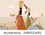 Women walking with water pots on their heads through a barren land