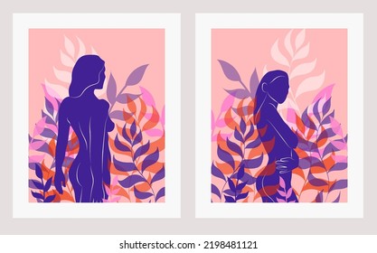 Women wall art, vector set. Boho silhouette art drawing with abstract shape. Abstract body Art design for print, cover, wallpaper, Minimal wall art.