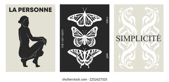  Women wall art, vector set. Boho silhouette art drawing with abstract print and butterflies. Art design for print, cover, wallpaper, Minimal wall art.