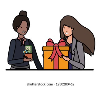 women with wallet and gift box avatar character