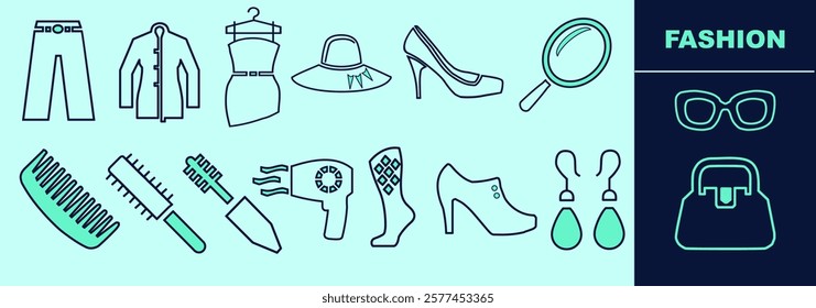 Women wardrobe LINE icon set. Trousers, blazer, cocktail dress, brushes, heels, earrings, ankle boots. Editable elements, size and color.