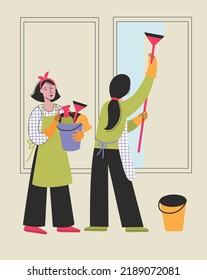 Women washing window. Window washers with cleaning tools. Cleaning service concept