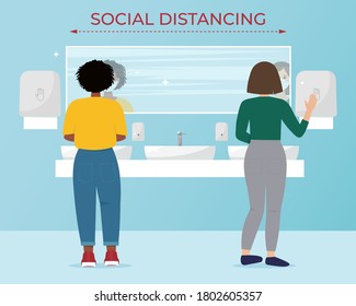 Mujeres en un lavadero con máscaras, manteniendo distancia, lavan las manos con dispositivos táctiles. Concepto de distanciamiento social durante el coronavirus covid -19. Ilustración vectorial en estilo plano