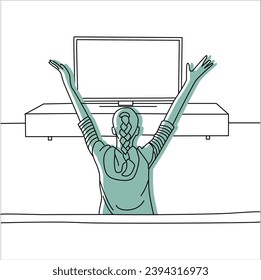 Women watching the live broadcast of the match on TV and cheer for her team.Vector illustration in line art style