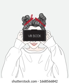 Women are watching movies through vr box glasses with fun.Doodle art concept,illustration painting
