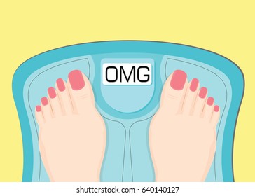 Women watching your weight in a scales, healthy conceptual vector illustration.