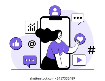 Mujeres saludando a la audiencia en pantalla de smartphone, marketing en medios sociales, marketing digital, aprobación, respaldo, comercio electrónico, concepto de negocios ilustración plana, campaña en medios sociales